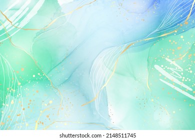 Royal cyan mint liquid marble watercolor background with white lines and brush stains. Teal turquoise marbled alcohol ink drawing effect. Vector illustration backdrop, watercolour wedding invitation.