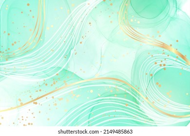 Royal cyan mint liquid marble watercolor background with white lines and brush stains. Teal turquoise marbled alcohol ink drawing effect. Vector illustration backdrop, watercolour wedding invitation.