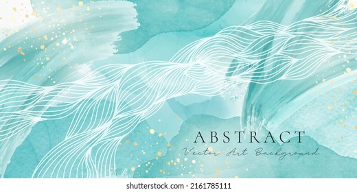 Royal cyan mint liquid marble watercolor background with white wavy lines and brush stains. Teal turquoise marbled alcohol ink drawing effect. Vector illustration, watercolour wedding invitation