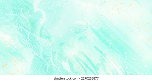 Royal cyan mint liquid marble watercolor background with white lines and brush stains. Teal turquoise marbled alcohol ink drawing effect. Vector illustration backdrop, watercolour wedding invitation