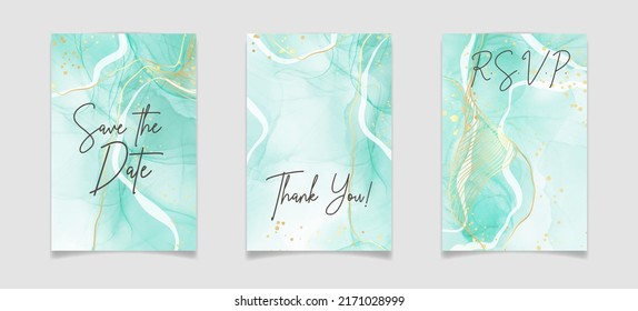 Royal cyan mint liquid marble watercolor background with white lines and brush stains. Teal turquoise marbled alcohol ink drawing effect. Vector illustration backdrop, watercolour wedding invitation