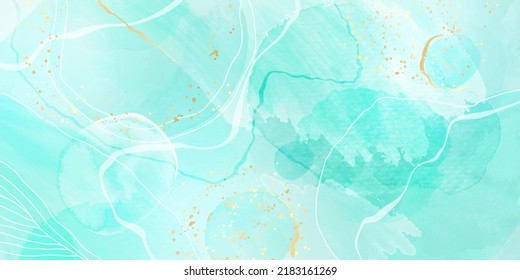 Royal cyan mint liquid marble watercolor background with white lines and brush stains. Teal turquoise marbled alcohol ink drawing effect. Vector illustration backdrop, watercolour wedding invitation