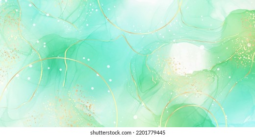 Royal cyan mint liquid marble watercolor background with white lines and brush stains. Teal green marbled alcohol ink drawing effect. Vector illustration backdrop, watercolour wedding invitation