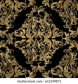 Royal damask floral seamless pattern. Black vector  background wallpaper illustration with vintage gold 3d flowers, swirl line art  leaves and antique Baroque ornaments in Victorian style