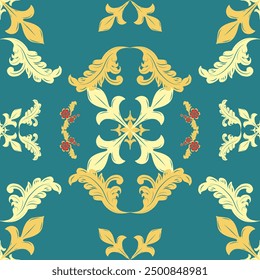 Royal Damask Luxury Nature and Florals Design on Green Viridian Background Elegance Detailed Border Seamless Pattern High Class Decoration Carpet Fashion Apparel Branding Label Silk Tie Haute Couture.