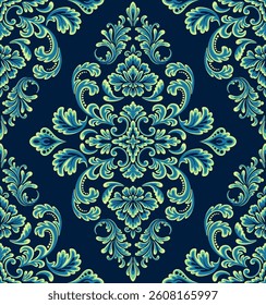 Royal damask seamless pattern. Floral and leaves wallpaper Victorian ornate style with blue and lite green color tone. Design for texture, curtain, background, carpet and fabric.