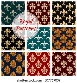 Royal decorative ornate patterns set. Vector seamless pattern of floral ornament, damask decor. vintage fleur-de-lis flourish interior design background decoration tiles