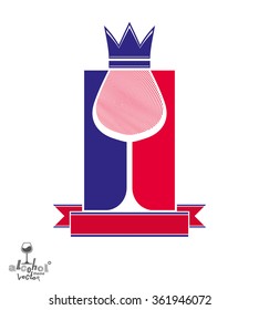 Royal decorative symbol with monarch crown and curved ribbon, art goblet best for use in graphic design. Imperial coat of arms,?? stylized coronet, wineglass illustration.