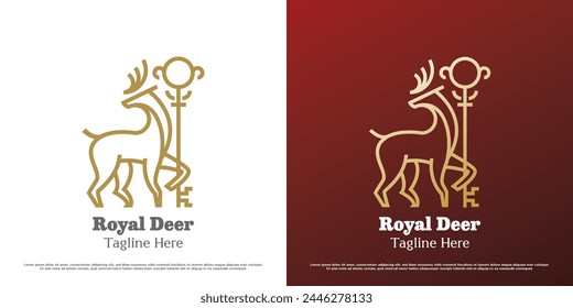 Royal Deer Key Logo Design Illustration. Lineare Silhouette Hirsch Hirsch Wiederkäuer Bock Elch Gazelle Tier Fauna Wildlife Königreich Schlüssel. Einfaches minimales Gefälle Major Crest Palast Symbol elegant.