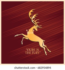 Royal deer on a red background. Emblem. Vector image with text. Emblem. Vector image with text. Banner design, icons for website, printed onto fabric or paper. 