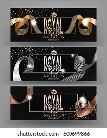Royal design banner with curly silk ribbons, frames and crowns. Vector illustration