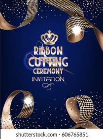 Royal design banner with gold curly silk ribbons and blue background. Ribbon cutting ceremony. Vector illustration