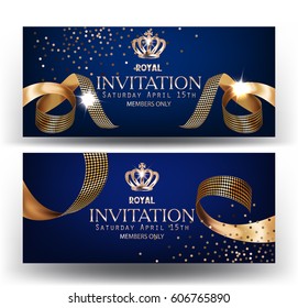 Royal design banners with gold curly silk ribbons and blue background. Vector illustration