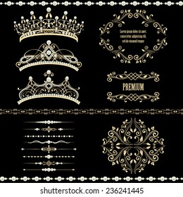 Royal design elements, vintage frames with dividers, borders, pearls and  diadems in golden beige. Vector illustration. Isolated on black background. can use for birthday card, wedding invitations. 