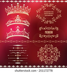 Royal design elements, vintage frames with dividers, borders, pearls and diadems in golden beige. Vector illustration. Isolated on blurred red background. Can use for birthday card, wedding invitation