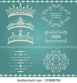 Royal design elements, vintage frames, dividers, borders, pearls and diadems in golden beige. Vector illustration. Isolated on vintage blue background. Can use for birthday card, wedding invitation