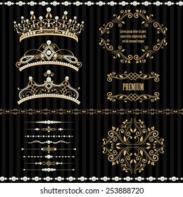 Royal design elements, vintage frames, dividers, borders, pearls and diadems in golden beige. Vector illustration. Isolated on striped black background. Can use for birthday card, wedding invitation