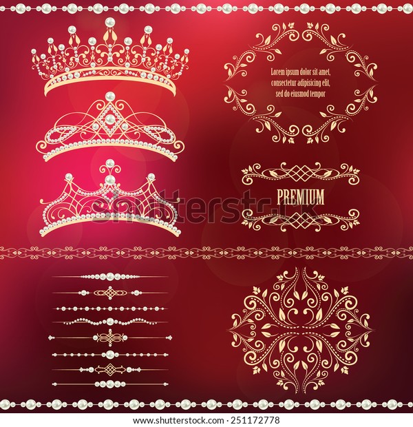 Royal design elements, vintage frames with\
dividers, borders, pearls and diadems in golden beige. Vector\
illustration. Isolated on blurred red background. Can use for\
birthday card, wedding\
invitation