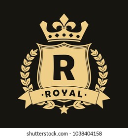 Royal design logo with shield, crown, laurel wreath and ribbon. Luxury logotype template for company with royalty coat of arms. Vector illustration.