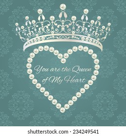 Royal design template. Elements are layered separately in vector. Easy editable. Love valentine card. Damask pattern in grey blue color with tiara, heart of pearls and text. 