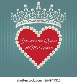 Royal design template. Elements are layered separately in vector. Easy editable. Love valentine card. Linear pattern in grey blue color with tiara, heart of pearls with red background and text. 