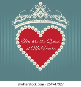 Royal design template. Elements are layered separately in vector. Easy editable. Love valentine card. Linear pattern in grey blue color with tiara, heart of pearls with red background and text. 