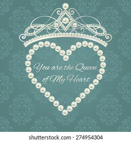 Royal design template. Elements are layered separately in vector. Easy editable. Love valentine card. Damask pattern in grey blue color with tiara, heart of pearls and text. 