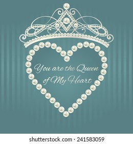 Royal design template. Love valentine card. Linear pattern in gray blue color with tiara, heart of pearls and text.  Elements are layered separately in vector. Easy editable.