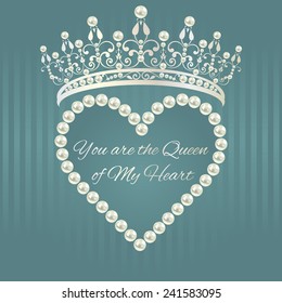 Royal design template. Love valentine card. Linear pattern in gray blue color with tiara, heart of pearls and text.  Elements are layered separately in vector. Easy editable.