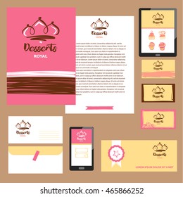 Royal dessert. Cake and sweet shop logo. Element of design for corporate identity, banner, business card, poster with freehand drawn vector dessert logo. 