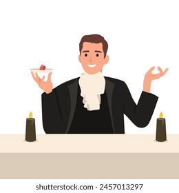 Royal dinner scene. Man with royal suit and strawberry. Flat vector illustration isolated on white background