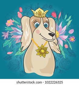 Royal Dog with Flower Bouquet
Girly character with golden crown and sunflower pendant jewelry on tender turquoise background