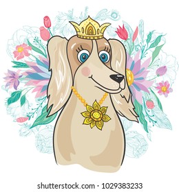 Royal Dog with Flower Bouquet | Girly character with golden crown and sunflower pendant jewelry on white background
