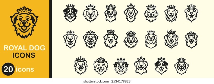 Royal dog icon set. Luxury black element silhouette and head domestic mammal. Adorable doggy character with crown. Puppy king and cute vector illustration face drawing