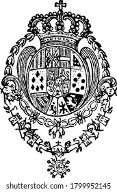 Un Doodad Real diseñado con una corona y un escudo de armas. Dibujo de línea vintage o ilustración de grabado.