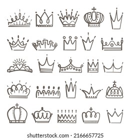 Royal doodle symbols. Crowns sketch, crown diadema tiara for king, queen prince or princess. Isolated luxury business logo, baby neoteric vector emblems