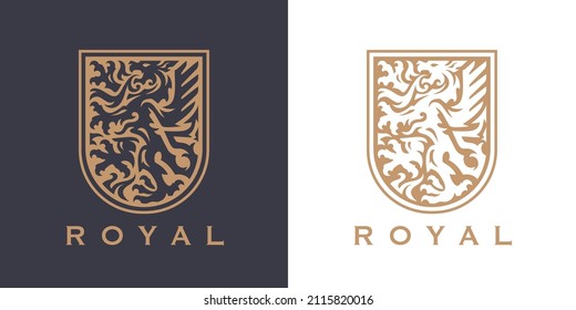 Royal dragon crest logo. Heraldic winged serpent shield icon. Medieval creature ornate heraldry sign. Gothic insignia beast symbol. Premium quality vector illustration.