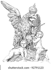 Royal eagle wearing a crown and two babies - a boy and a girl. Prague Castle - Entrance Gate. Vector illustration