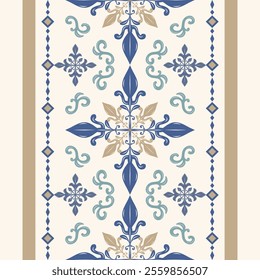 Royal Elegance Blue Embroidery Gold Silk Weaves on Light Beige Background. Exquisitely Border Pattern for Luxury Work Design. Elaborate Rich Seamless Vector Scroll Ornament Classy Bright Haute Couture