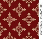 Royal Elegance Luxury Burgundy Background Pattern with Gold Embroidery Hand draw Florals Petals Buds Cross Round Ornament Design for Rich Decoration. Seamless Vector, apparel, Batak, batik, lndonesian