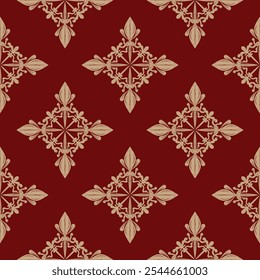 Royal Elegance Luxury Burgundy Background Pattern with Gold Embroidery Hand draw Florals Petals Buds Cross Round Ornament Design for Rich Decoration. Seamless Vector, apparel, Batak, batik, lndonesian