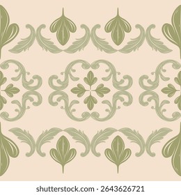 Royal Elegance Olive Green Porcelain Luxe Uitgebreid Grenspatroon. Barokke Botanische Klassieke Stijl met Celadon Bloemen Bladeren Scroll Ornament voor Behang Kleding Garment Gordijn Borduurwerk Tapijt