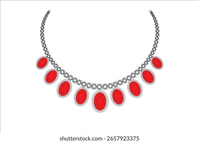 Elegancia real 

Este collar está adornado con siete Grandes gemas rojas de forma ovalada, cada una rodeada de intrincados detalles de piedra blanca que le dan brillo y profundidad.