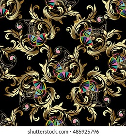 Royal elegant Baroque damask paisley antique vintage floral vector seamless pattern background wallpaper illustration with medieval antique gold 3d baroque and paisley vintage flowers ornaments.