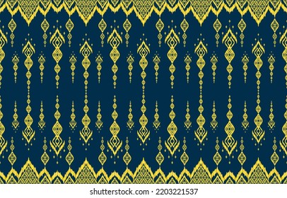Royal elegant glow golden yellow color ikat seamless patterns on navy blue background. Geometric ornate luxurious line ethnic ikat fabric pattern. Asian folk print vector design vintage retro style.