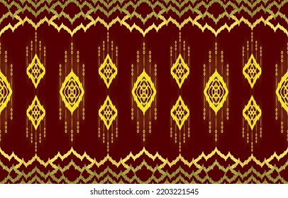 Royal elegant glow golden yellow color ikat seamless patterns on dark red background. Geometric ornate luxurious line ethnic ikat fabric pattern. Asian folk print vector design vintage retro style.