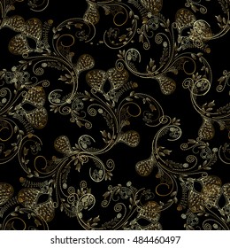 Royal  Elegant gold vector seamless pattern background wallpaper illustration with decorative antique stylish oriental floral Paisley ornaments in Eastern persian arabian style. Black background.