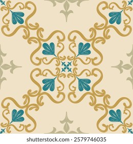 Royal Elegant High Class Luxury Ornament with Gold And Green on Beige Background. Elaborate Nobel Scroll Ornate Seamless Pattern Vector Exquisitely Embroidery Decoration for Fabric Apparel Carpet Leaf