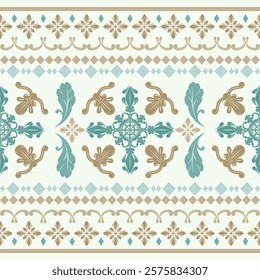 Royal Elegantly Decoration Seamless Border Pattern. Scroll Ornament of Florals Buds Leaves Botanical Garden Design with Golden Silk Weaves Embroidery Expensive Rich Detailed on Light  Blue Background.