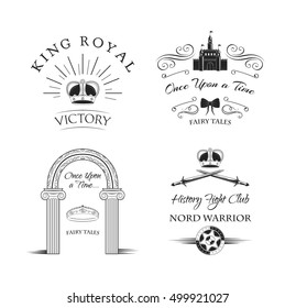 Royal Elements Set Labels. Crown, Castle, Knight s Sword. Shield Vector Illustration